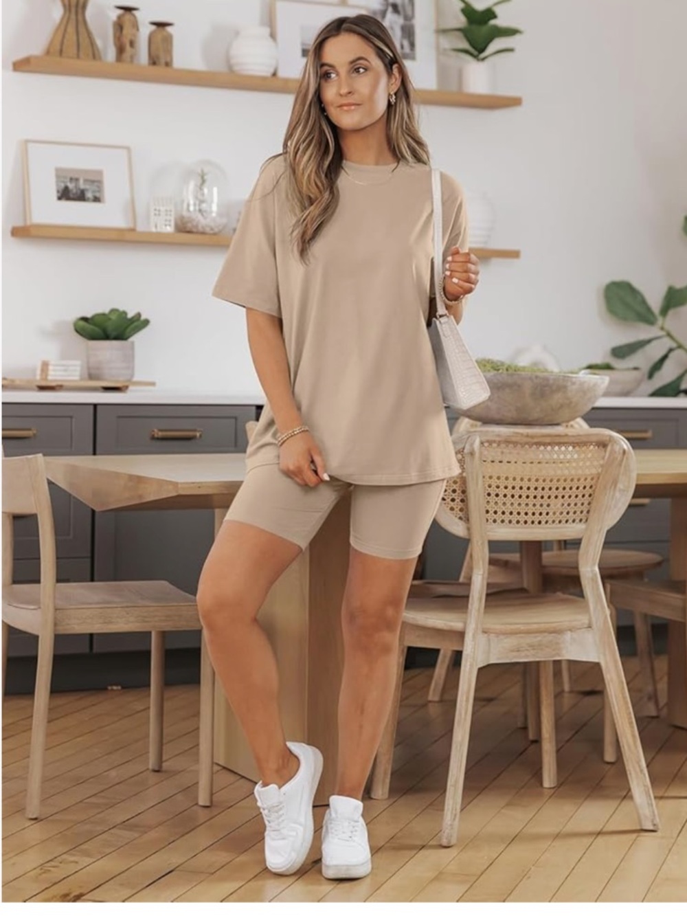 AUTOMET 2 Piece Lounge Set XL Khaki Oversized Tee & Biker Shorts - Picture 2 of 7